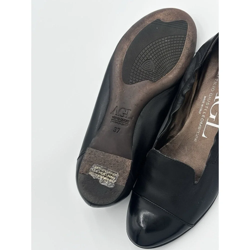 AGL Attilio Giusti Leombruni Women's Black Leather Cap Toe Ballet Flats Sz EU 37